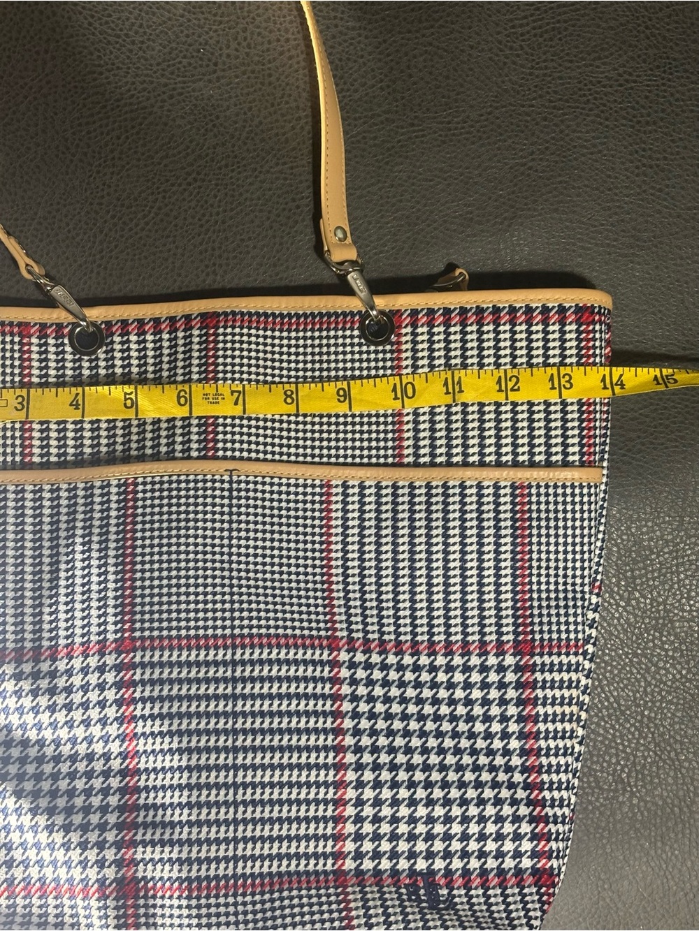 Lauren Ralph Lauren Houndstooth Plaid shoulder Tote Bag Blue Tan RL Monogram - Picture 11 of 13